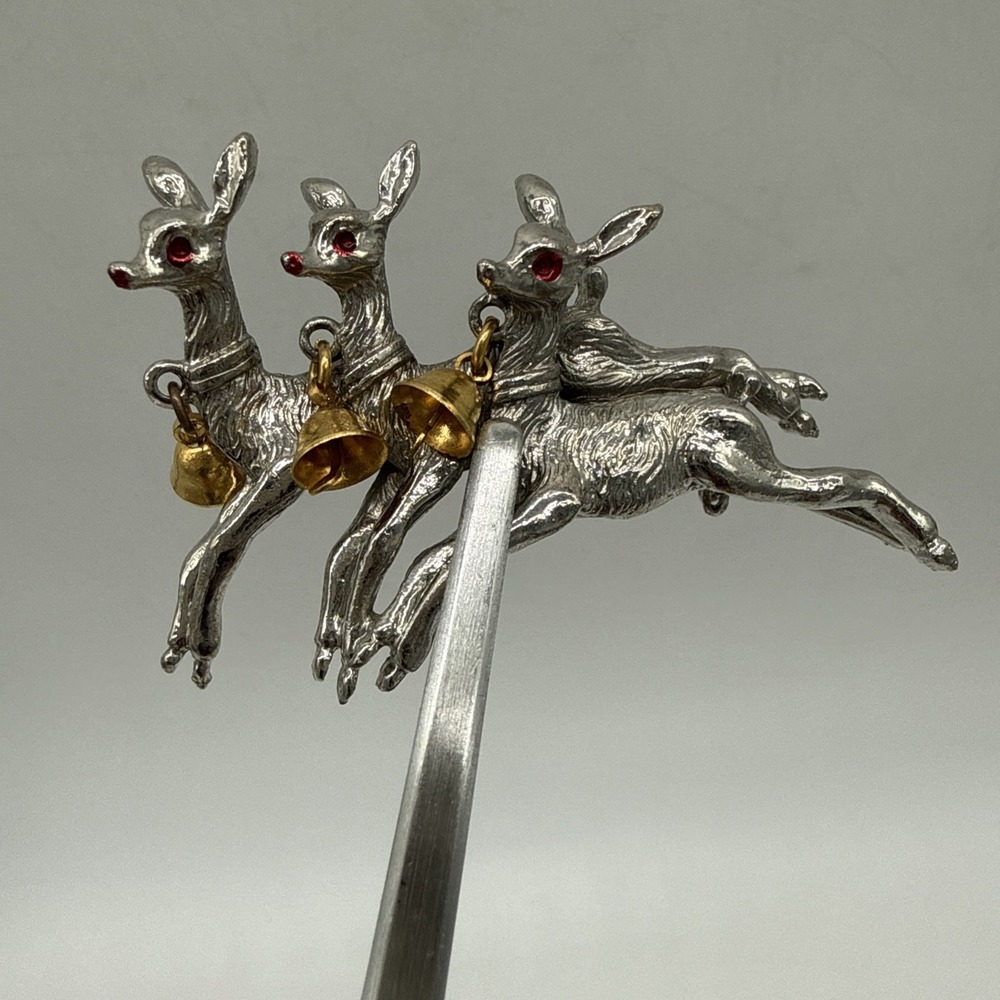 Dashing Reindeer w/ Bells Red Eyes Silver Tone Brooch Pin Christmas Holiday